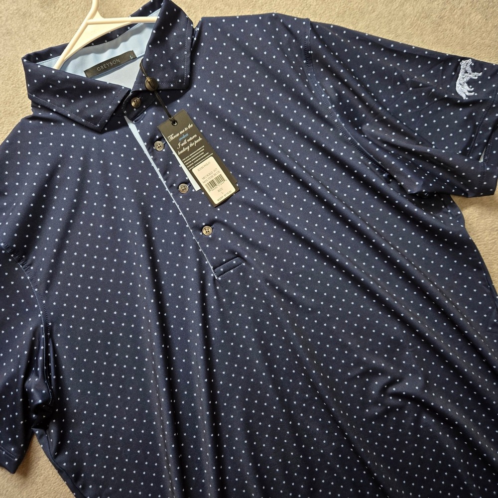 Greyson Icon Polo Mens Large Maltese Blue Wolf Head Micro Print Golf Shirt NEW